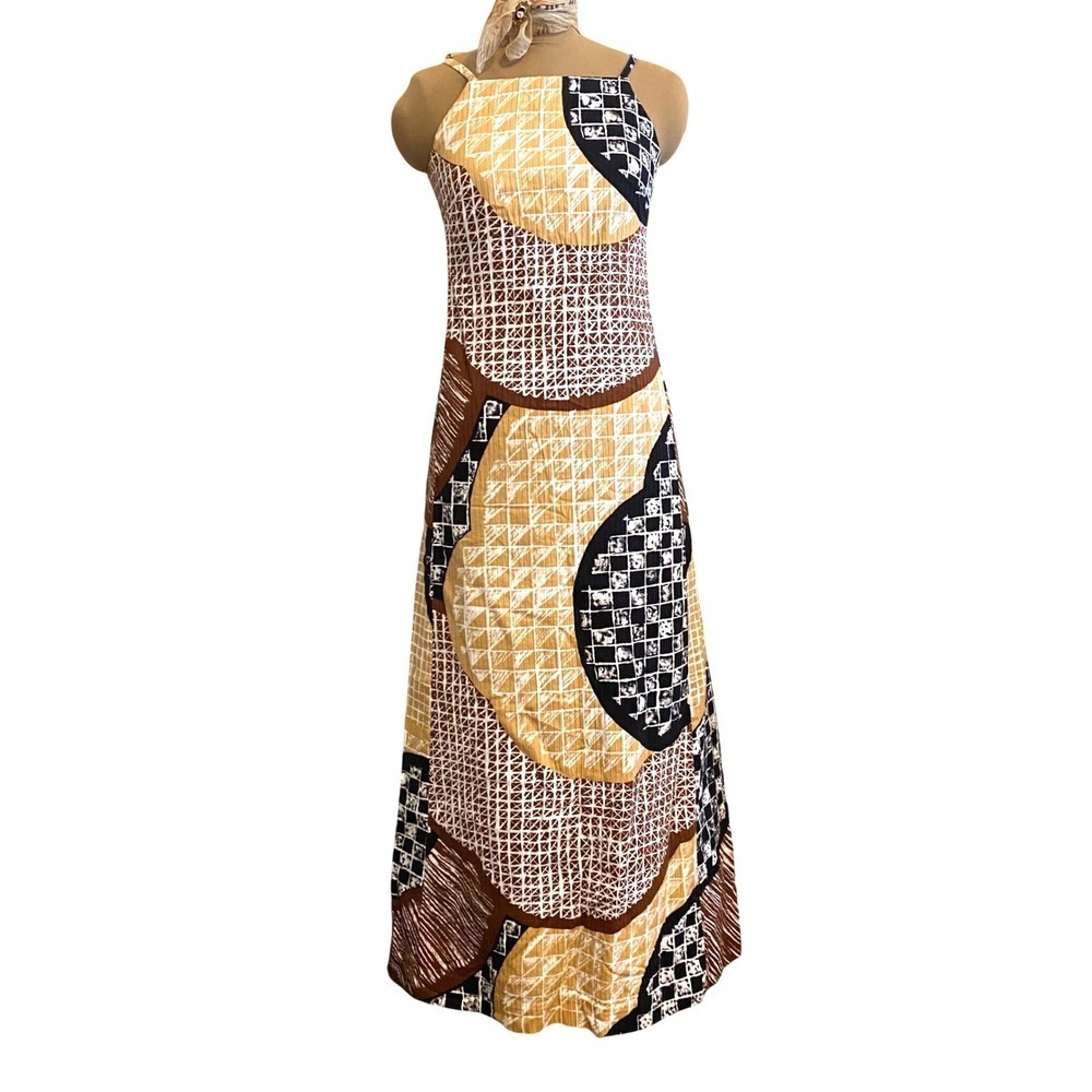 Malia Honolulu Maxi Dress Vintage Boho tribal Geometric Hawaiian Women 10 Brown